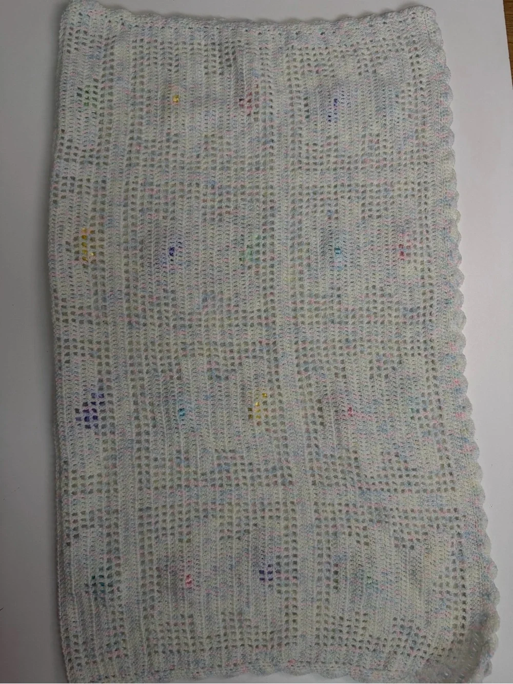 Handmade Baby Blanket Crocheted Knit Bears Bows Scalloped Trim Rainbow Pastels
